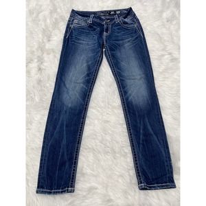 Miss Me Easy Skinny Faux Flap Pocket Dark Wash Bling Sz 28 Embroidered Crystal
